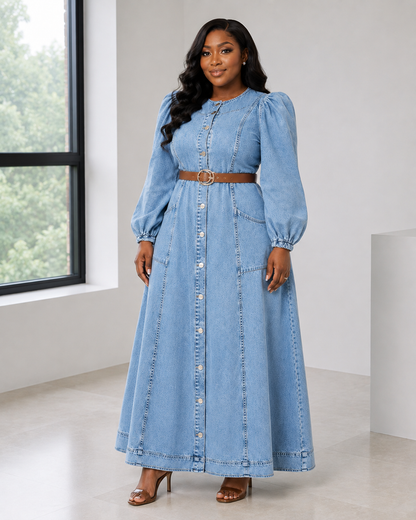 Robe longue en jean ceinturee portee de trois quarts