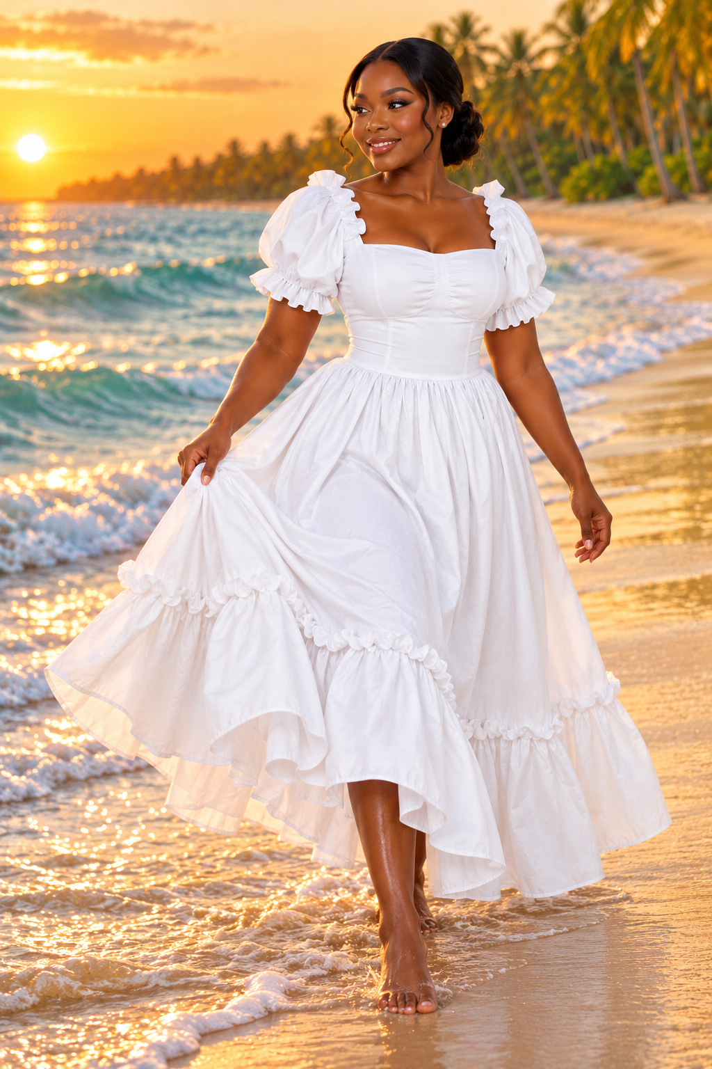 Robe longue blanche à volants portée à la plage