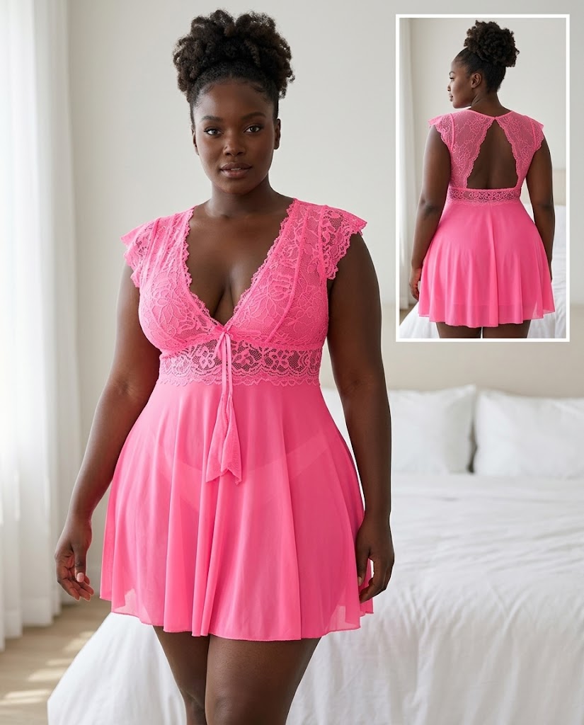 Nuisette babydoll dentelle rose poudre a manches volantees