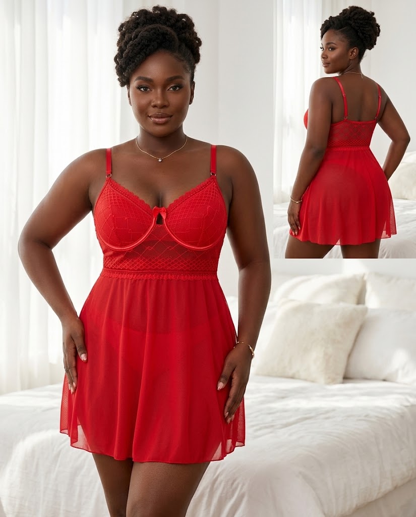 Nuisette rouge en dentelle géométrique et voile évasé