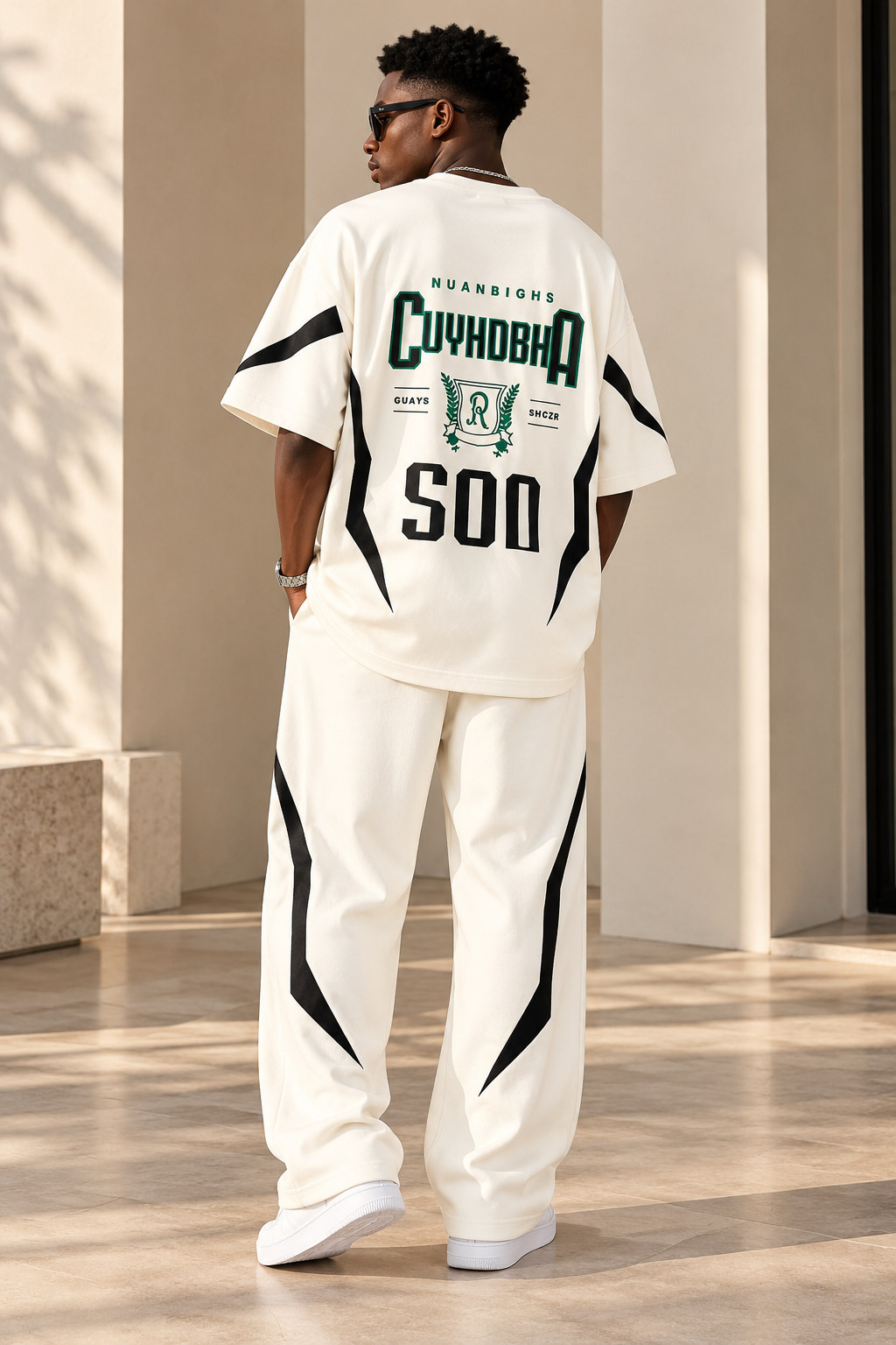 Ensemble homme t-shirt oversize et pantalon large blanc écru à bandes noires, vu de dos