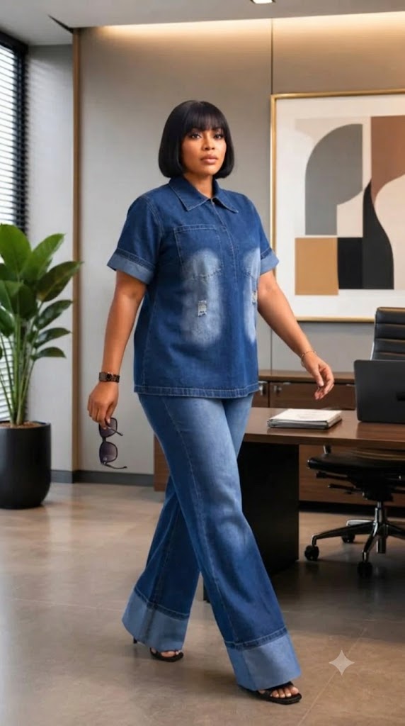 Ensemble chemise et pantalon large en jean
