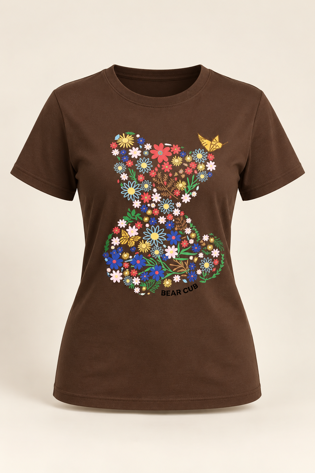 T-shirt marron ourson fleuri, détail de l'imprimé