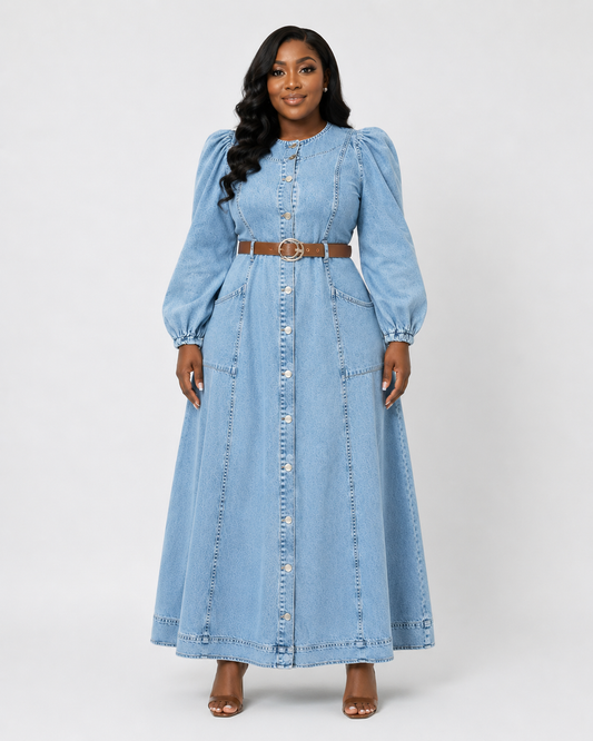 Robe longue en jean a manches bouffantes, vue de face