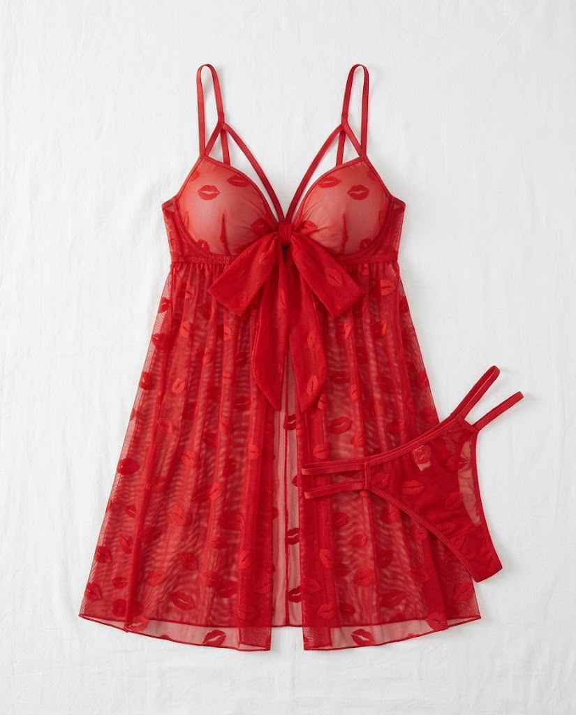 Nuisette rouge en voile motif bouches Tendressa - vue 2