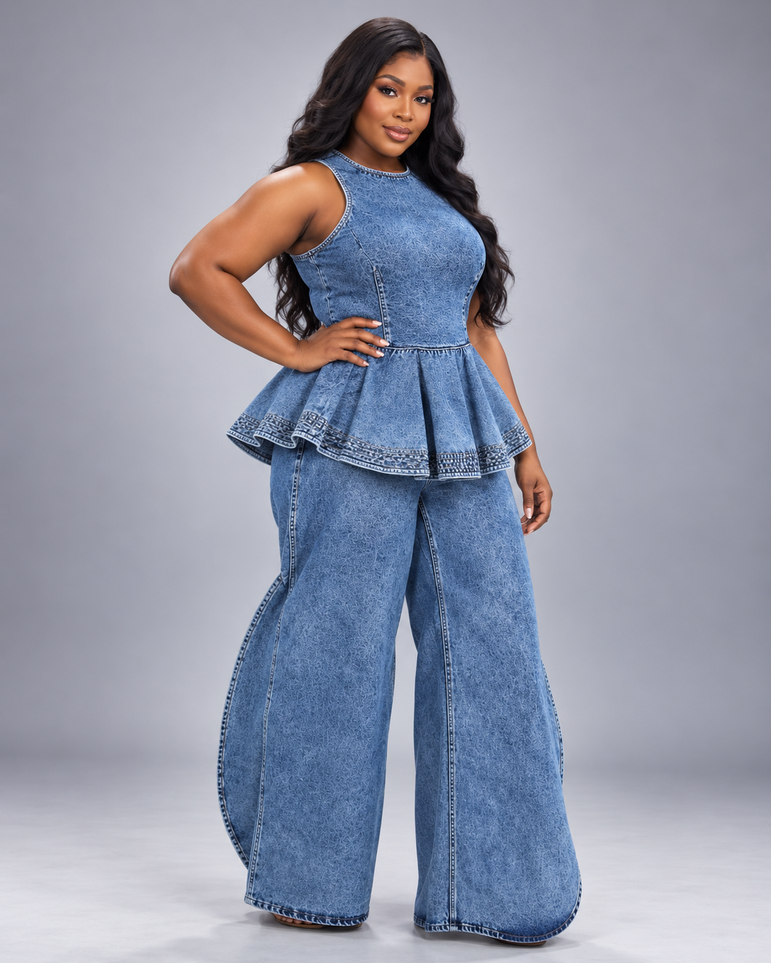 Ensemble en jean haut peplum et pantalon large Tendressa