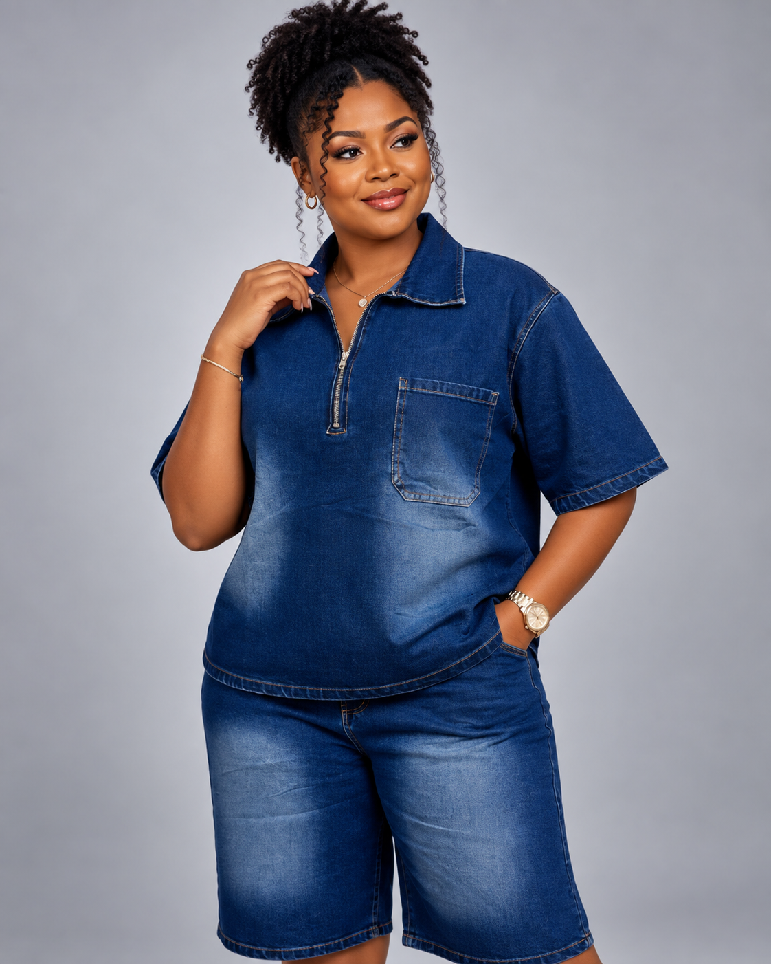 Ensemble en jean chemise zippée et short long Tendressa