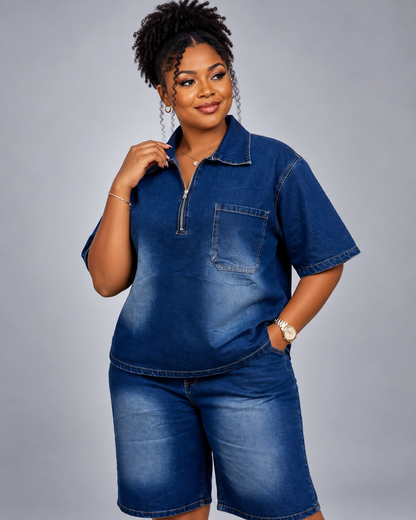 Ensemble en jean chemise zippée et short long Tendressa