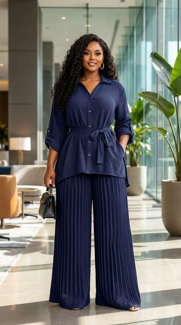 Ensemble chemise ceinturée et pantalon plissé