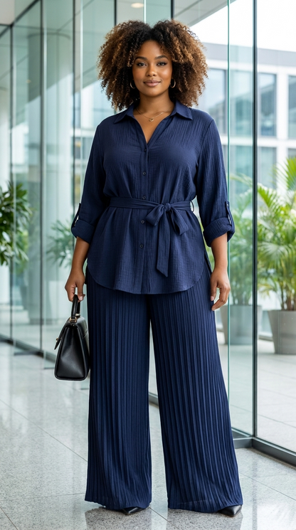 Ensemble chemise ceinturée et pantalon plissé