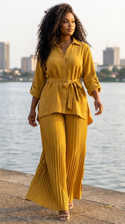 Ensemble chemise ceinturée et pantalon plissé