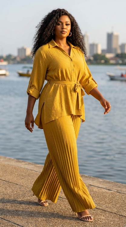 Ensemble chemise ceinturée et pantalon plissé