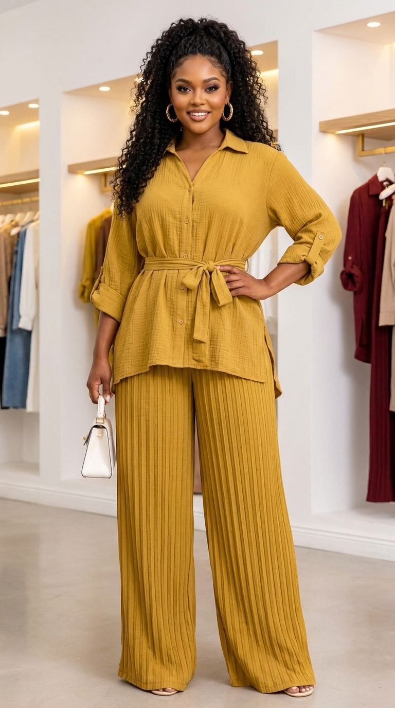 Ensemble chemise ceinturée et pantalon plissé