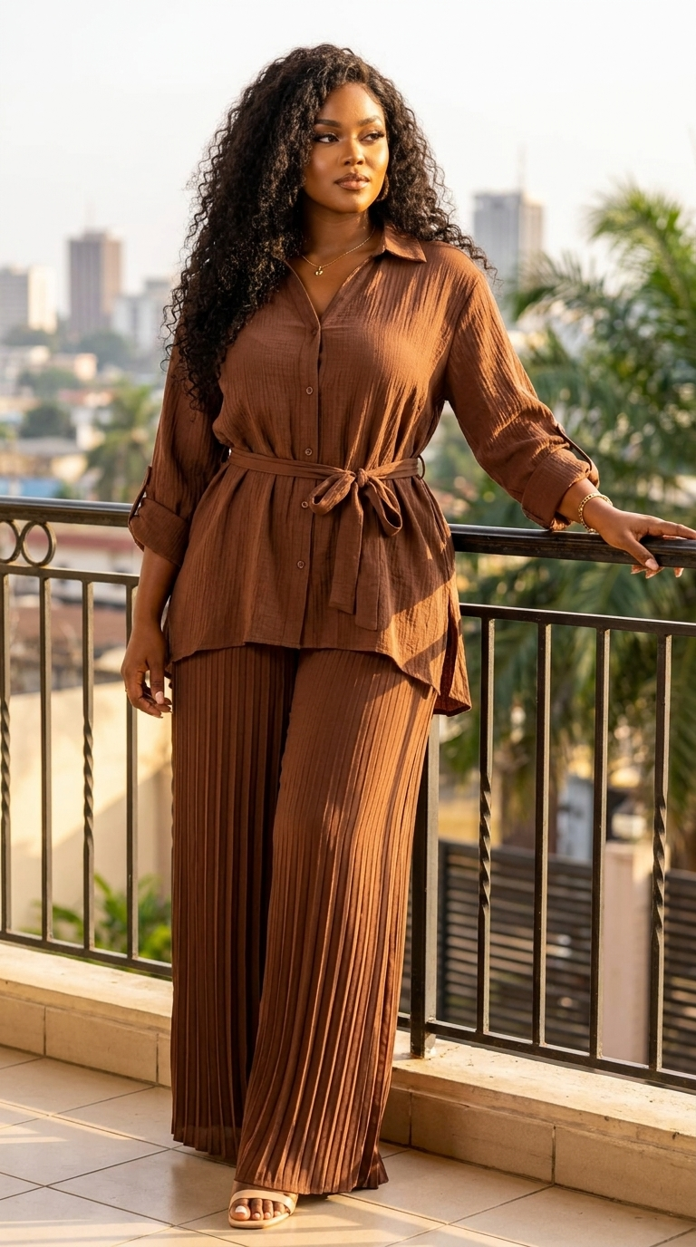 Ensemble chemise ceinturée et pantalon plissé
