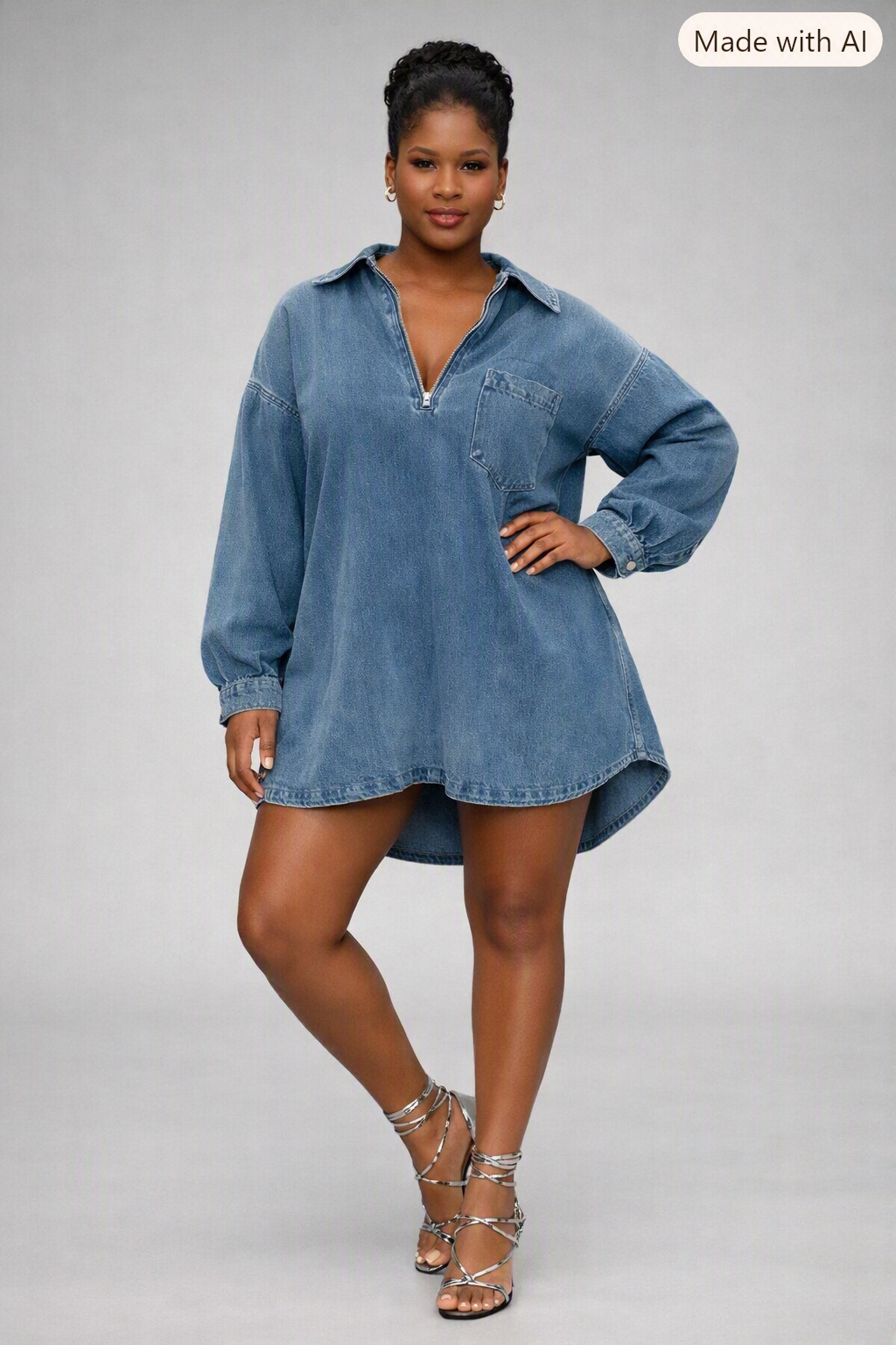 Robe chemise courte en jean oversize à col ouvert, Tendressa