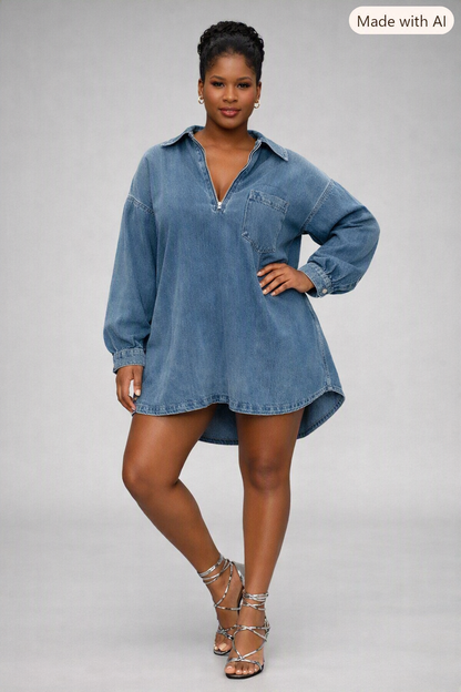 Robe chemise courte en jean oversize à col ouvert, Tendressa