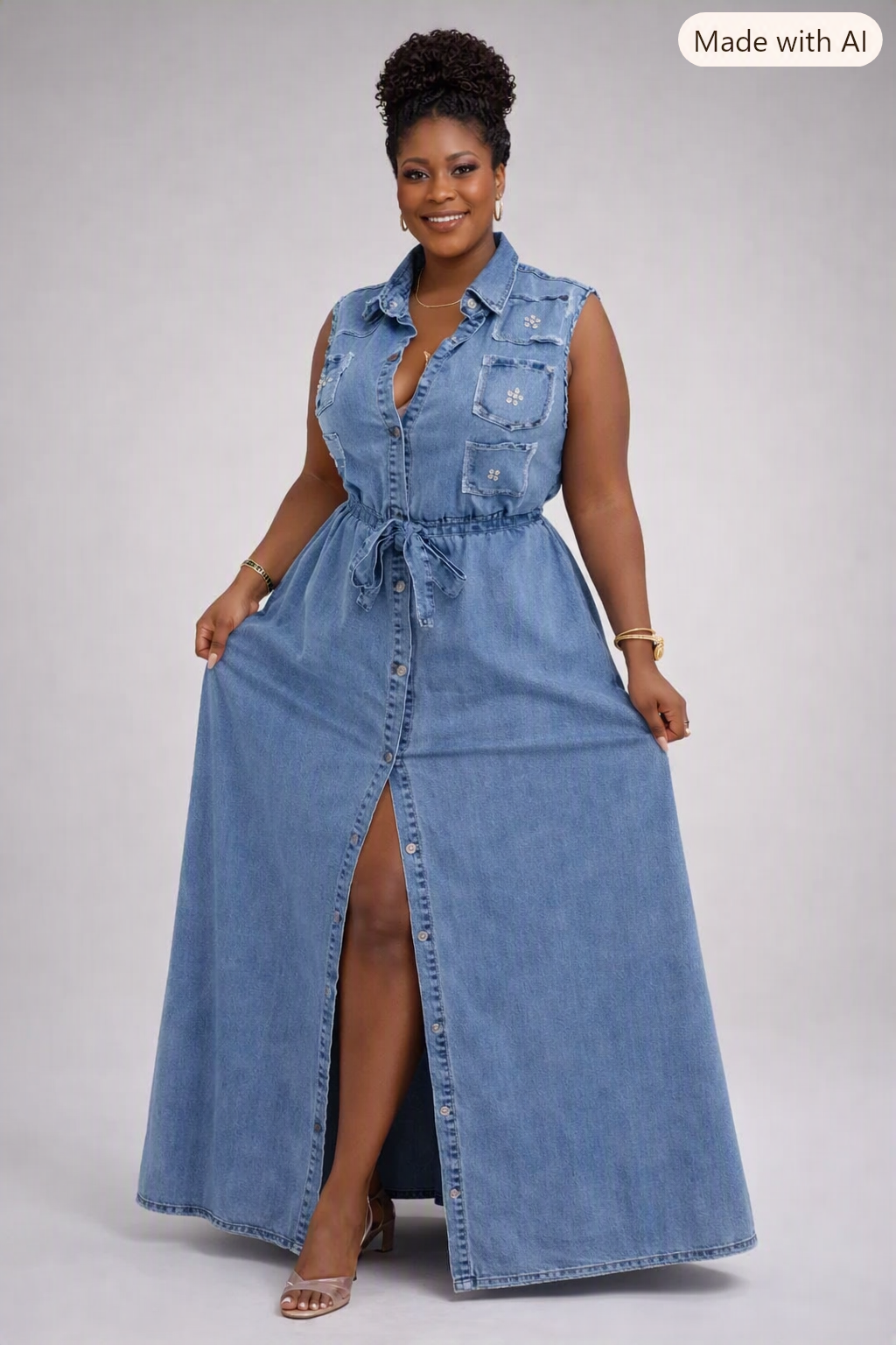 Robe longue chemise en jean sans manches à poches poitrine, Tendressa