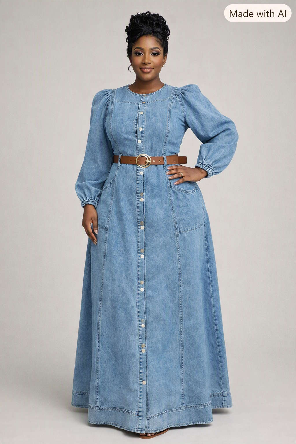Robe longue en jean à manches bouffantes et boutonnage, Tendressa