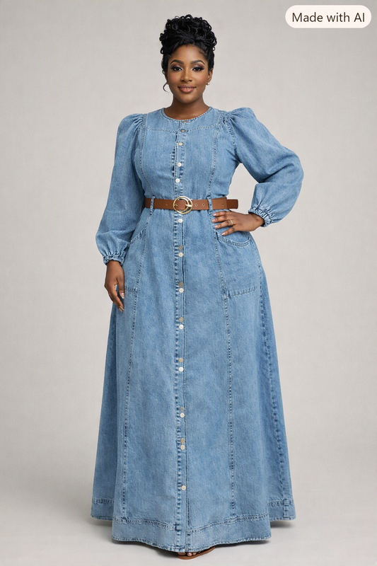 Robe longue en jean à manches bouffantes et boutonnage, Tendressa