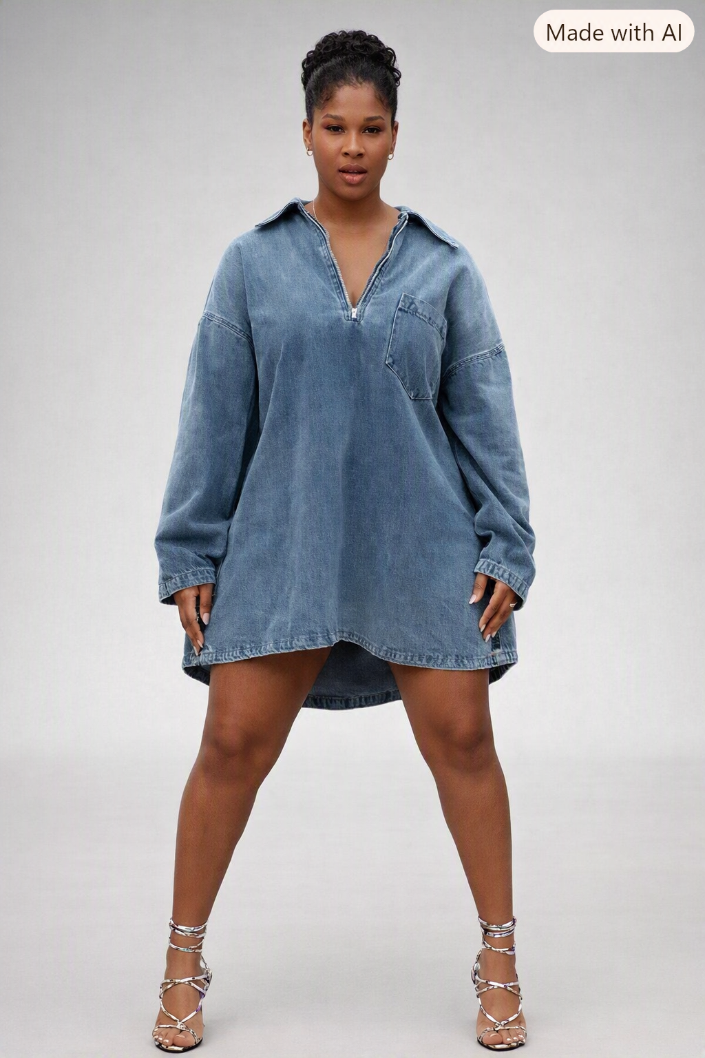 Robe chemise courte en jean oversize, manches amples, Tendressa