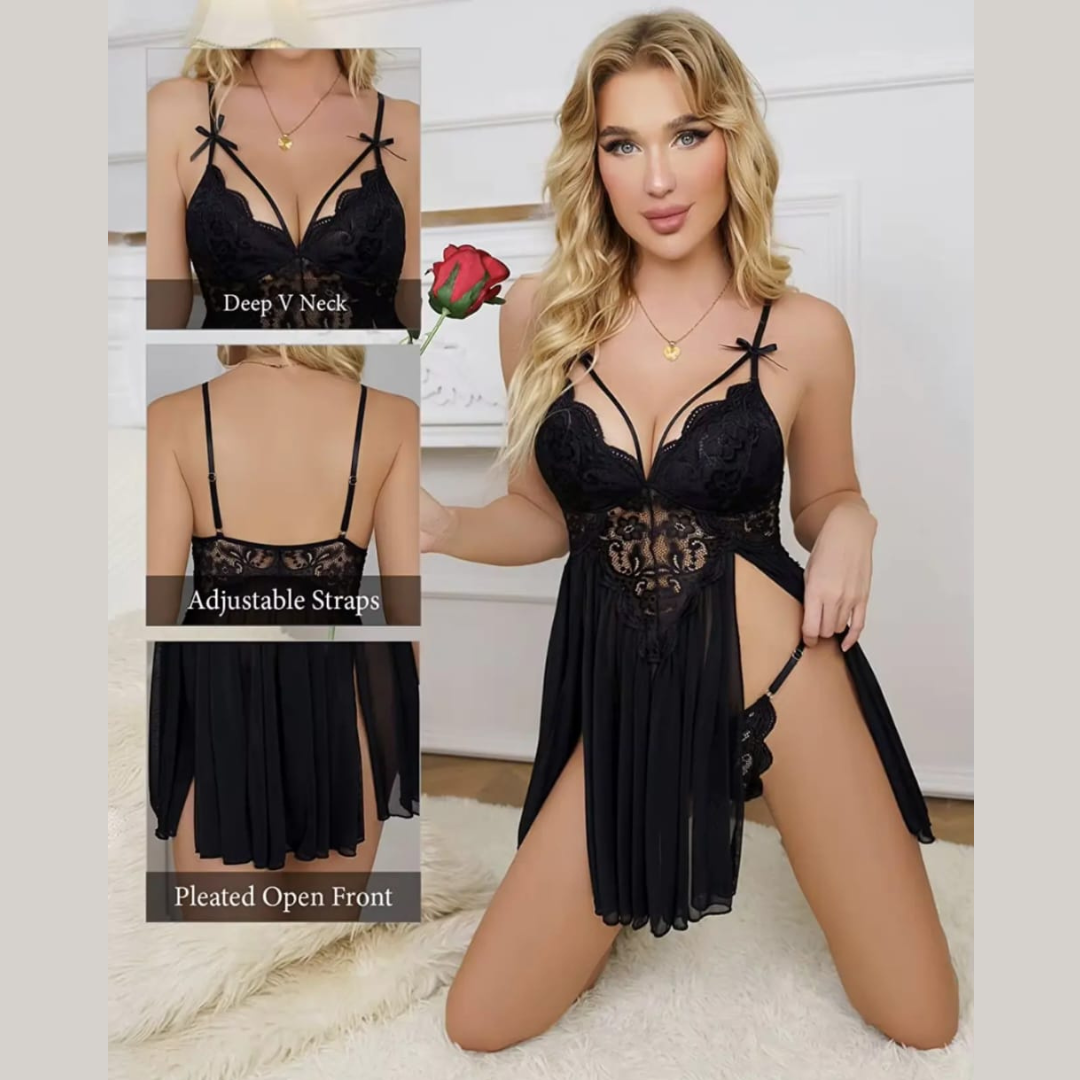 Nuisette Sexy en Dentelle & Voile Fendu – Glamour & Séduction