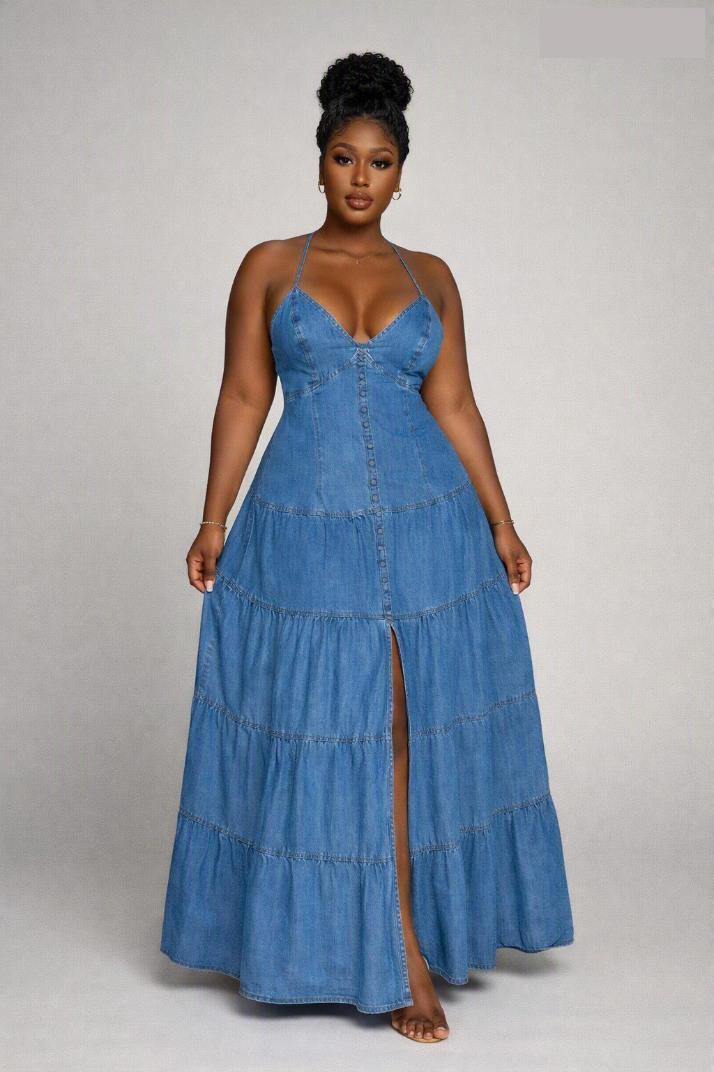 Robe longue en jean, dos ouvert à lacets croisés et nœud, Tendressa
