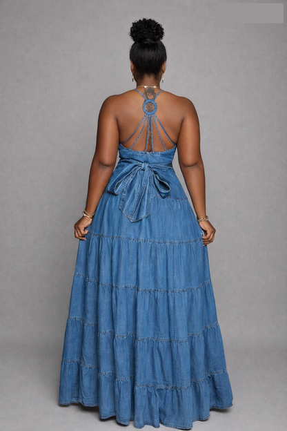 Robe longue en jean à volants étagés et bustier boutonné, Tendressa