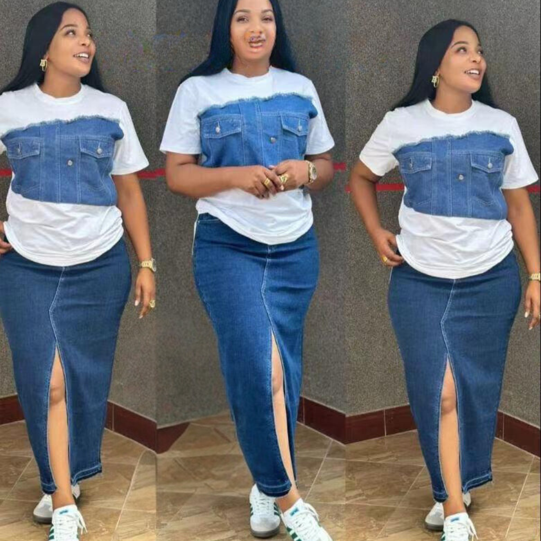 Denim Chic : Ensemble Jupe Bretelles et T-Shirt Blanc