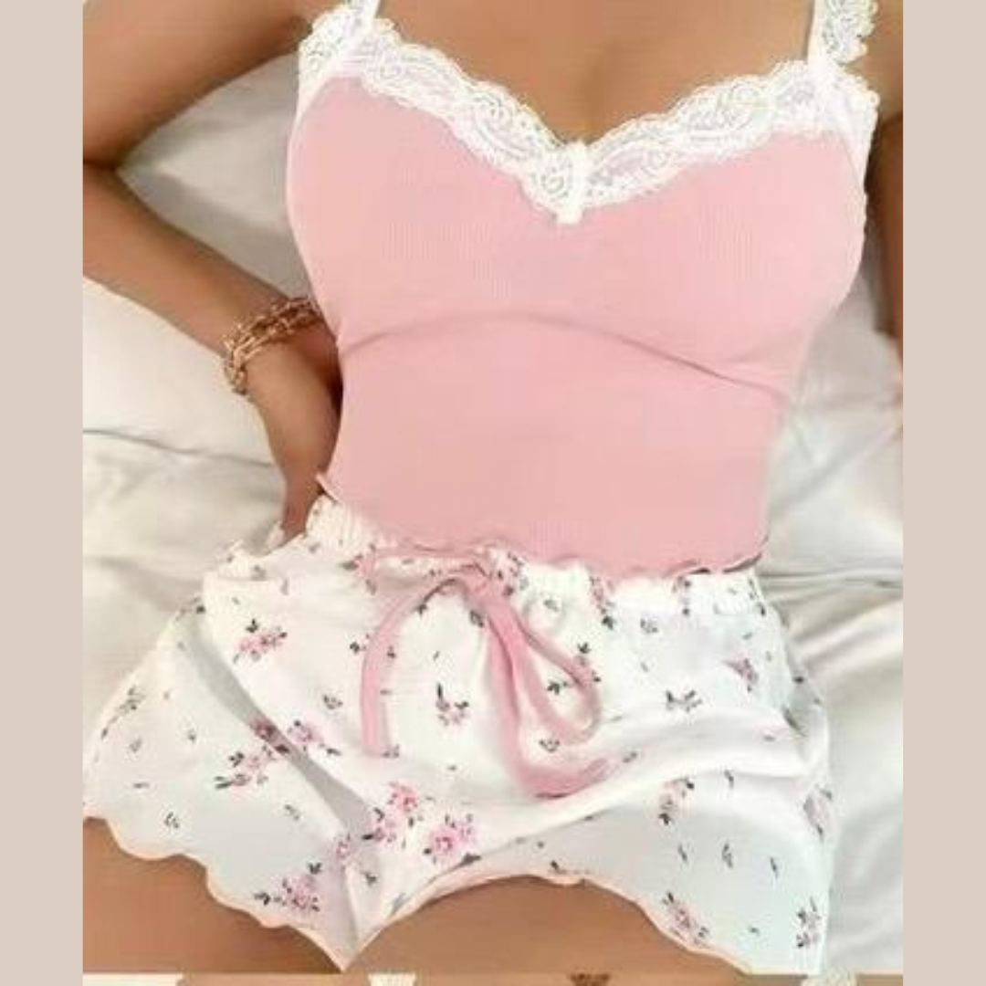 Ensemble Deux Pièces – Haut à Bras Fins avec Détail Dentelle et Culotte à Motif Fleur
