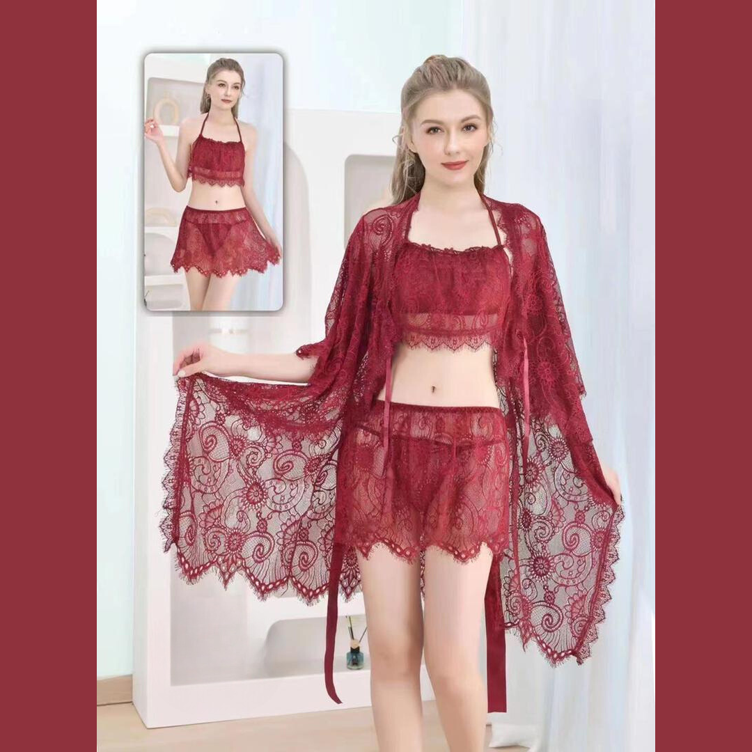Ensemble de lingerie sexy en dentelle transparente 4 pièces