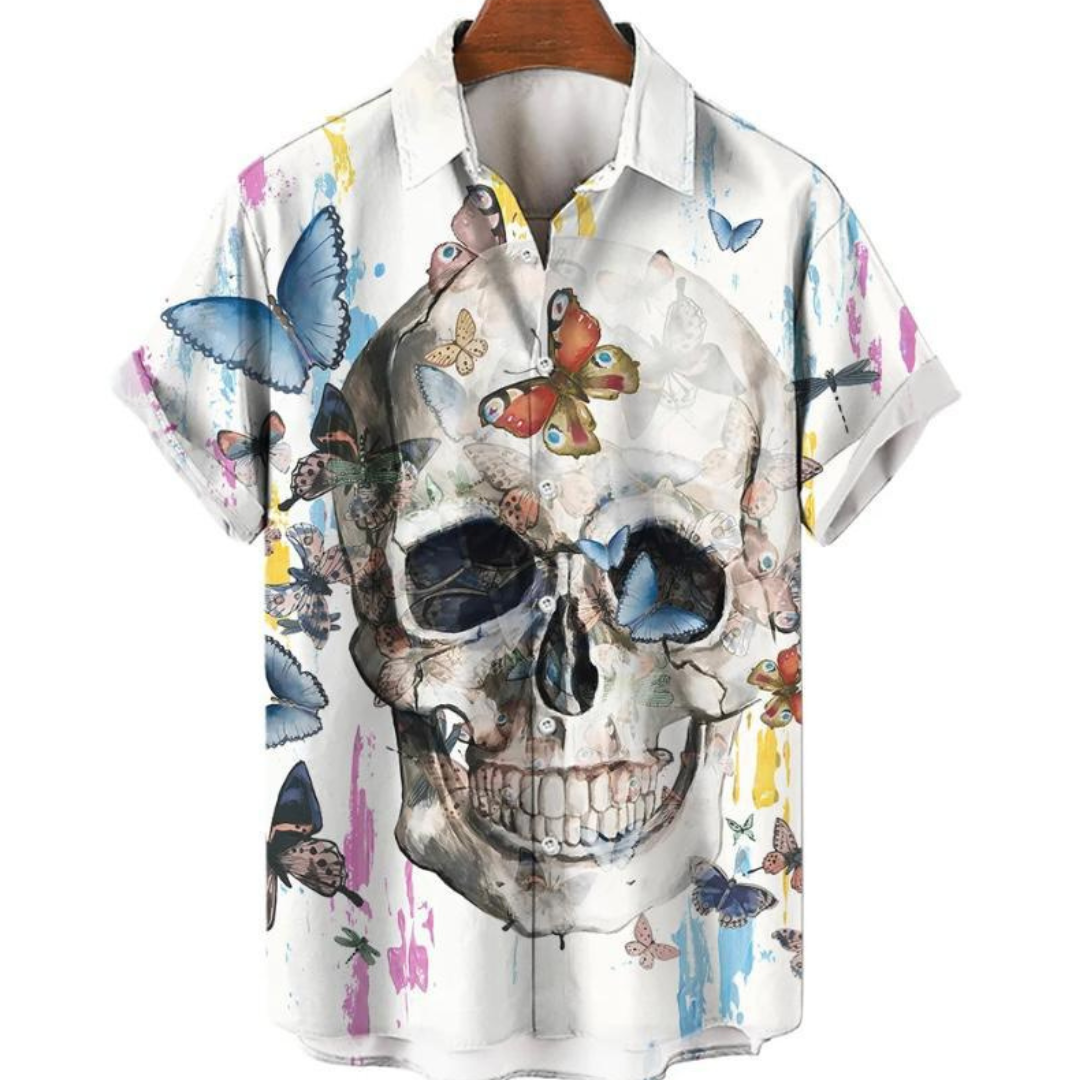 Chemise à manches courtes motif crâne et papillons