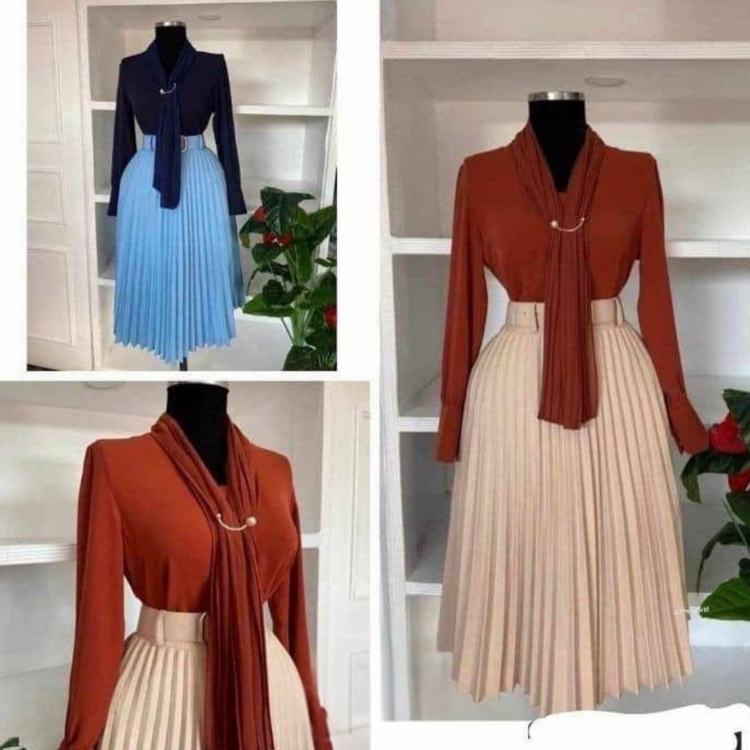 Élégance Automnale - Ensemble Blouse et Jupe Plissée
