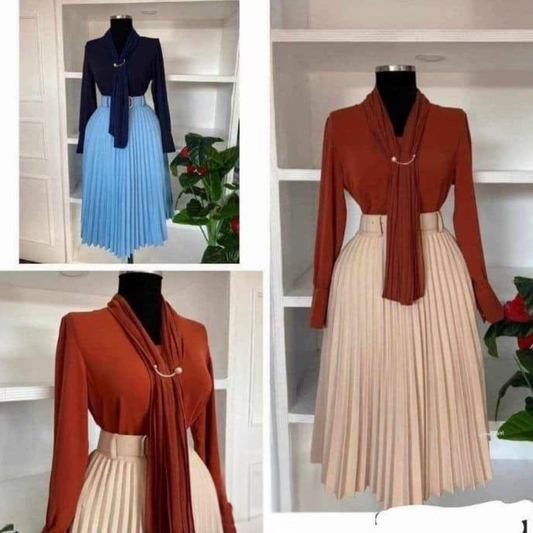 Élégance Automnale - Ensemble Blouse et Jupe Plissée