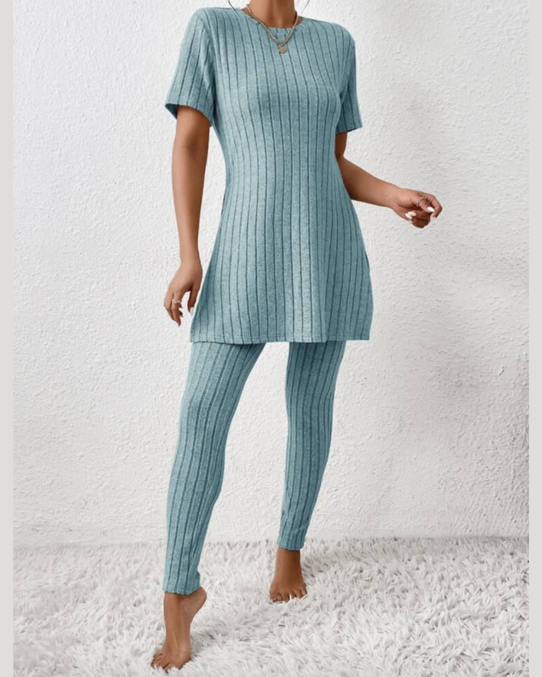Ensemble Confortable en Tricot Côtelé Bleu