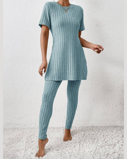 Ensemble Confortable en Tricot Côtelé Bleu