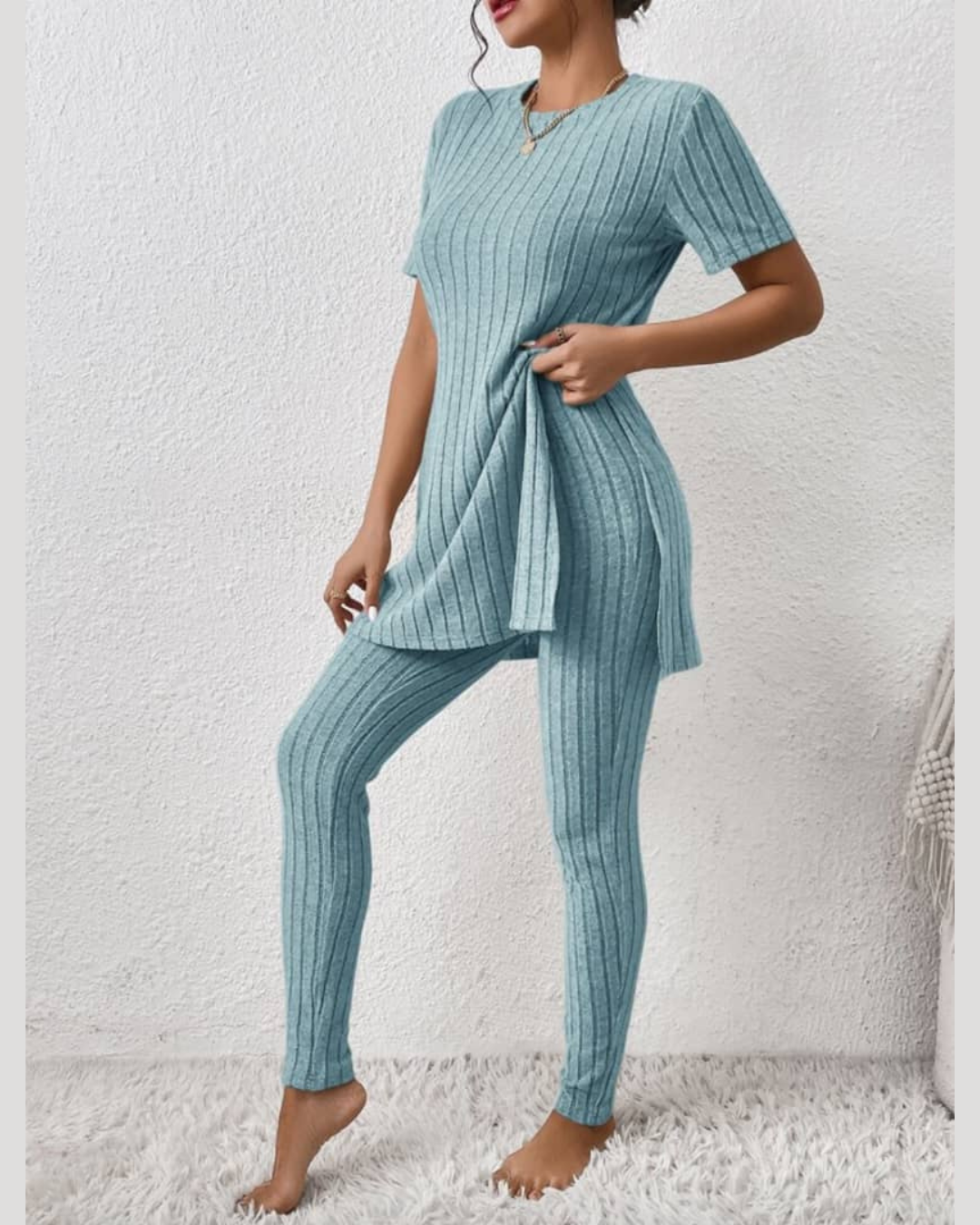 Ensemble Confortable en Tricot Côtelé Bleu