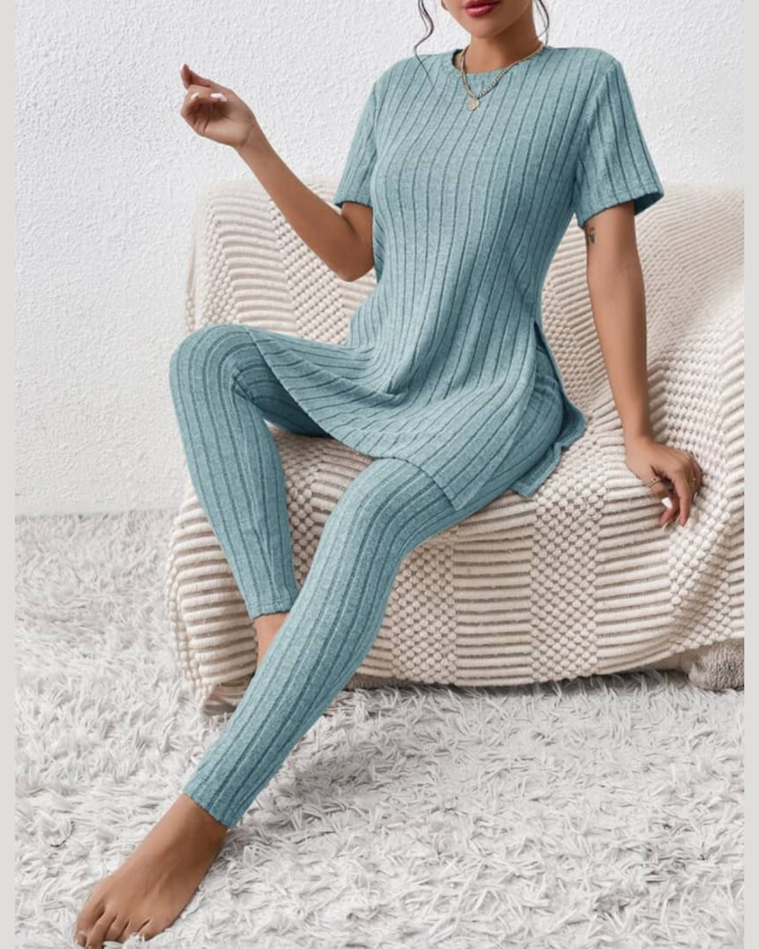 Ensemble Confortable en Tricot Côtelé Bleu
