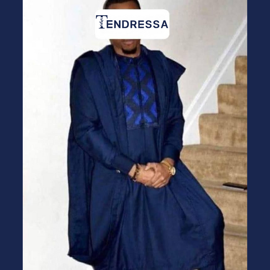 Ensemble 3 Pièces Homme – Boubou, Chemise & Pantalon Bleu | Élégance Traditionnelle