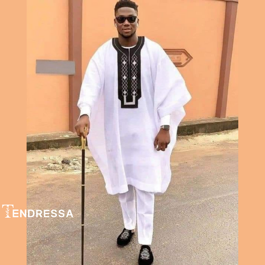 Tunique 3 Pièces Homme – Boubou Brodé Noir, Chemise & Pantalon Blanc | Élégance Royale