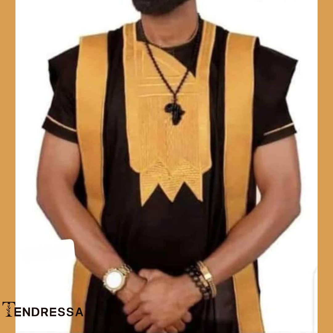 Ensemble 3 Pièces Homme – Boubou, Chemise & Pantalon Noir & Doré | Élégance Africaine