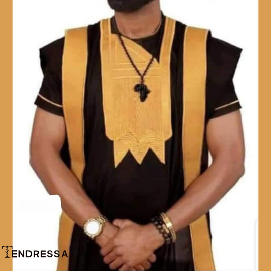 Ensemble 3 Pièces Homme – Boubou, Chemise & Pantalon Noir & Doré | Élégance Africaine