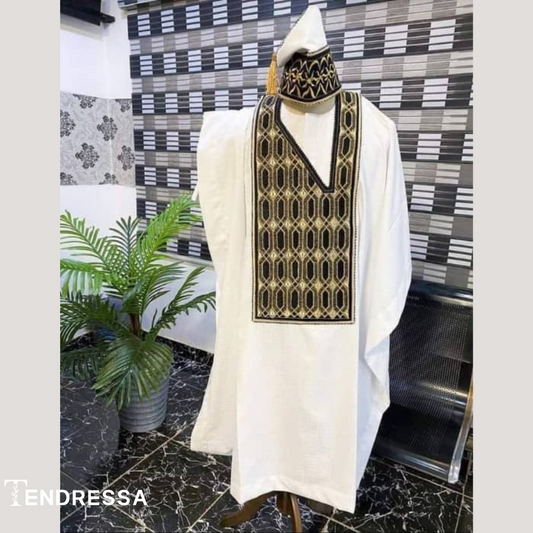 Tunique3 Pièces Homme – Boubou, Chemise & Pantalon Blanc Brodé Noir & Or | Élégance Traditionnelle