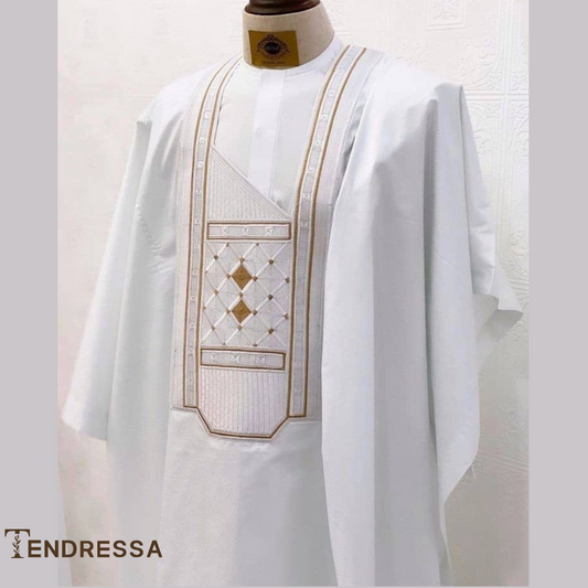 Tunique 3 Pièces Homme – Boubou, Chemise & Pantalon Blanc Brodé Or | Élégance Royale