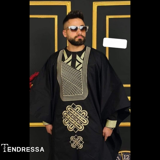 Tunique 3 Pièces Homme – Boubou Africain Noir & Doré | Élégance Authentique