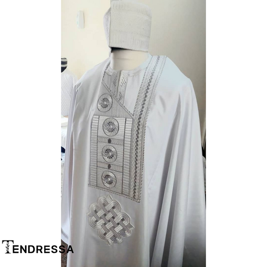 Tunique 3 Pièces Homme – Boubou Africain Blanc Brodé | Élégance & Tradition Sans Chapeau