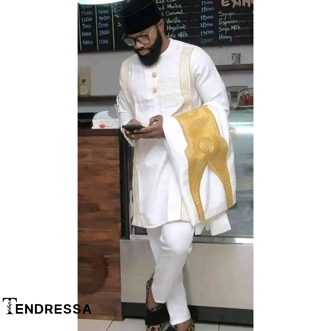 Ensemble 3 Pièces Homme – Boubou, Chemise & Pantalon | Blanc & Doré