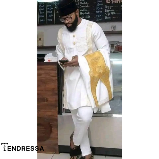 Ensemble 3 Pièces Homme – Boubou, Chemise & Pantalon | Blanc & Doré