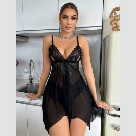 Nuisette Sexy Noire en Voile & Dentelle – Élégance Intemporelle & Séduction Sublime
