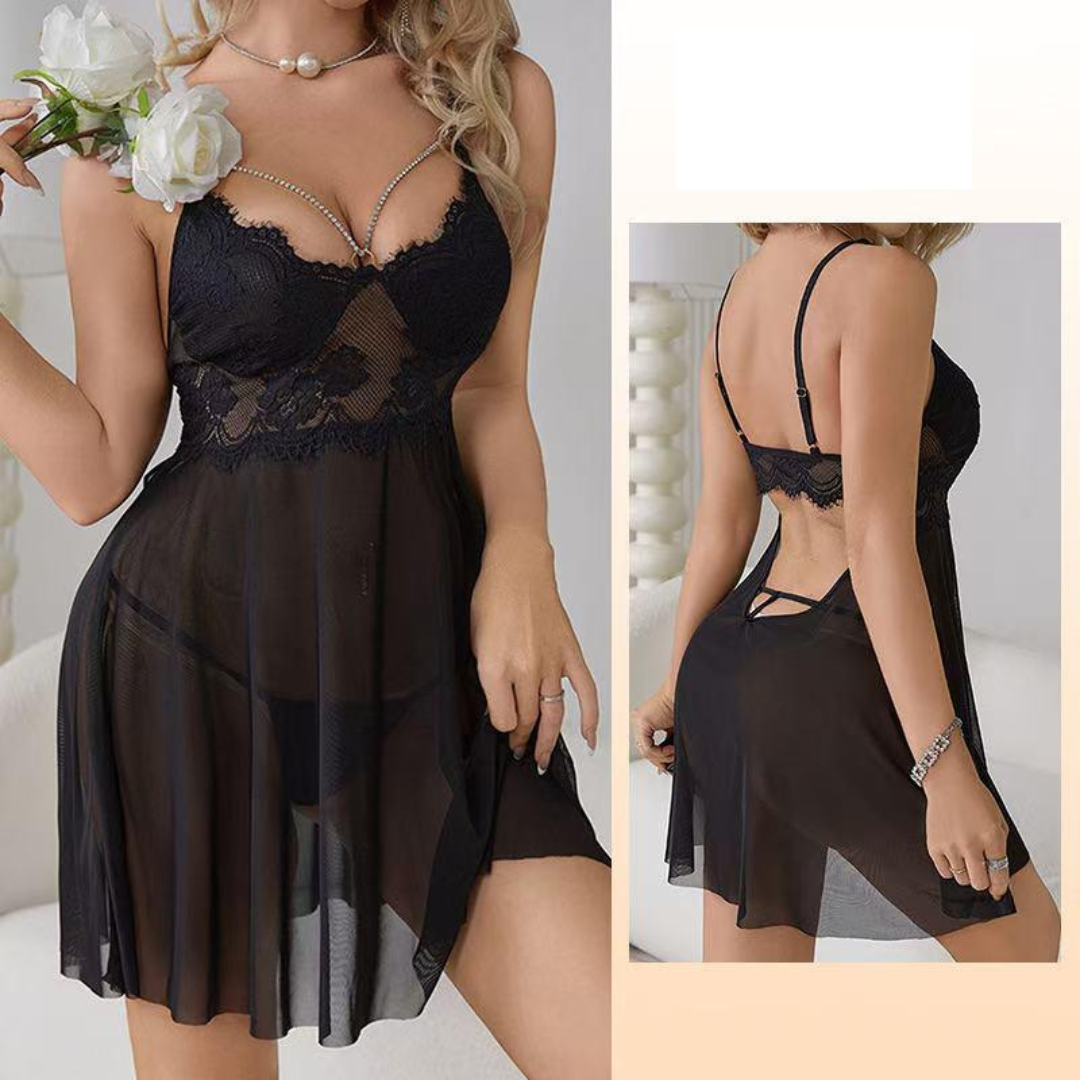 ✨ Nuisette Dentelle & Voile Transparent – Élégance Absolue