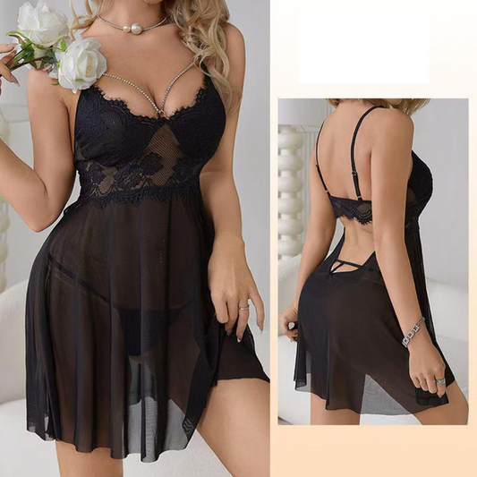 ✨ Nuisette Dentelle & Voile Transparent – Élégance Absolue
